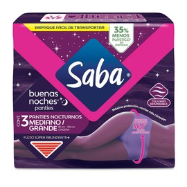 Saba Buenas Noches Panties Femeninas Nocturnas, Flujo Súper Abundante, Talla M, 3 Piezas