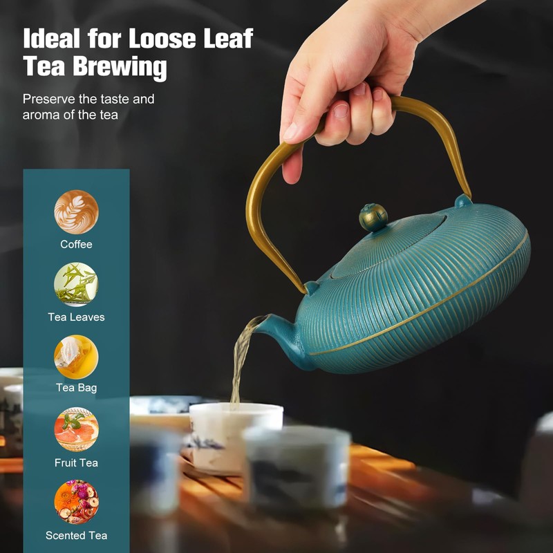 Jotsport Green Cast Iron Teapot Large Capacity 40oz/1200ml with Infuser