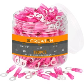 Screwish 180PCS Heat Shrink Ring Connectors, 22-16 Guage Marine Grade Ring Terminals 1/4"