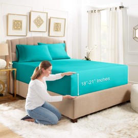 Empyrean Deep Pocket Full Sheet Sets - 21" Extra Deep Pocket Sheets Set with 2 Pillowcases - 3 Piece Microfiber Extra Deep Pocket Sheets - Extra Deep Pocket Full Sheets - Full,Teal Blue