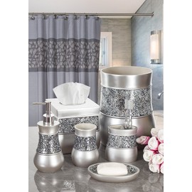Creative Scents Bathroom Accessory Set - Decorative 6 Piece Bathroom Set - Features Soap Dispenser, Toothbrush Holder, Tumbler, Soap Dish, Tissue Box Cover & Trash Can (Silver Colored)