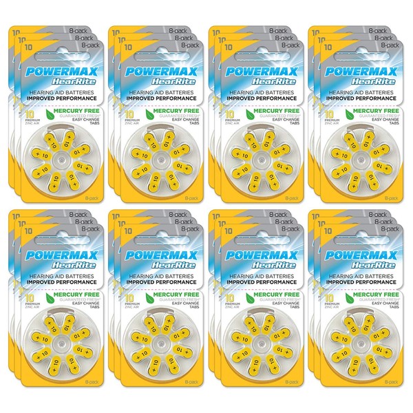 Powermax Size 10 Hearing Aid Batteries, Made In USA, Yellow Tab, 192 Count