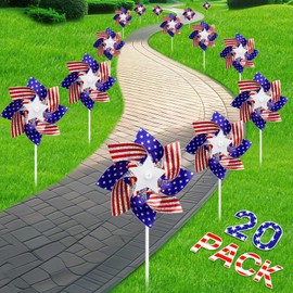 Catephe 4th of July Decorations Outdoor,Garden Reflective Pinwheels,20 Pack Memorial Day Decorations Outdoor, American Flag Patriotic Pinwheels, Sparkly Pinwheels for Garden Decor