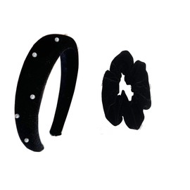 ZOONAI Velvet Wide Headband With Velvet Scrunchies for Women Girls, Fashion No Slip Hairband Elastic Hair Ponytail Holder Hair Tie (Pearl-Black, One Size)