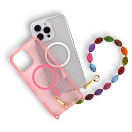 iPhone16 series Transparent Case, Magnetic Translucent Case with Hook Loops for Lanyard Straps (strap not Included), (Pink, iPhone16 Pro-Max)