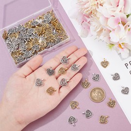 UNICRAFTALE about 120Pcs 2 Colors Tibetan Style Filigree Heart Charms Metal Hollow Love Charms Small Hole Charms Necklace Making Accessories Charms for Jewelry Making Hole 2mm