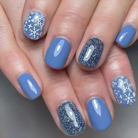 Christmas Press on Nails Short Square Fake Nails With Snowflake Designs Xmas Blue Glitter False Nails Glossy Full Cover Stick on Nails Acrylic Winter Artificial Nails for Women Glue on Nails 24 Pcs