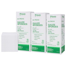 3 x 3 inch Gauze Sponges, 100% Cotton, 12-Ply Woven Non-Sterile Gauze, 600 Pc (3 Packs of 200)