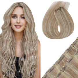 Sunny Hair Beaded Weft Hair Extensions Human Hair 50G Micro Bead Hair Extensions Real Human Hair Vigorous Straight Weft Hair Extensions with Micro Beads Warm Ash Blonde with Bleach Blonde 14 inch