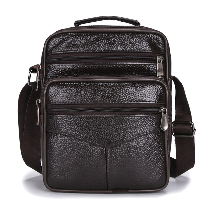 Business Shoulder Bag Black Cowhide Metal Zippers Large Capacity Business