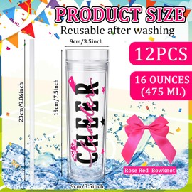 LemonRoad 12 Pcs Cheerleader Gifts Bulk for Team Cheer Cup Bow Tumbler with Lid and Straw 16oz Double Layer Clear Plastic Water Bottle for Players Sport Party Favor Senior Night Gifts(Rose Red)
