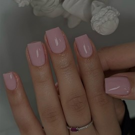 Dusty Pink Press on Nails Short Square, KXAMELIE Natural Gel Nails Glue on Acrylic Nails Press ons Featured Protective Coat Reusable Fake Nails Solid Color 24Pcs Short Coffin Artificial Nails