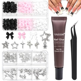 YAEISM Bow Nail Charms and Star Nail Charms Kit,3 Colors Resin Bows for Nails 6 Types Star Charms Shiny Rhinestones with Glue Gel,Tweezer and Pickup Pencil for Nail Art and DIY Crafts Decoration