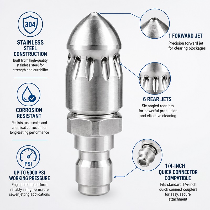 Sewer Jetter Nozzle Kit for Pressure Washer Use – Stainless