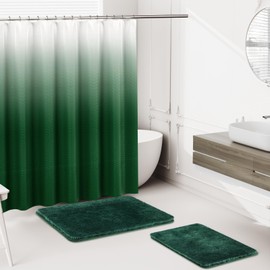 XLHOMO Bathroom Accessory Set Green Bathroom Sets with Shower Curtain and Rugs, No Slip Bathroom Rugs Super Absorbent, Ombre Shower Curtain with Hooks, Dark Green Bathroom Sets Complete for Home