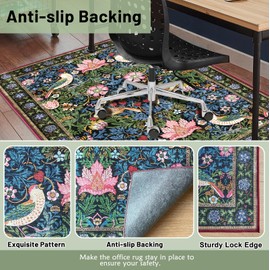 UTOKIA Office Chair Mat for Hardwood Floors - 36"x48" Vintage Farmhouse Stylish Floor Mat with Bird & Flower Design in Multi-Green, Washable Anti-Slip Fabric Desk Chair Mat for Home Office