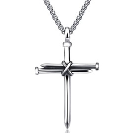 OSTAN Stainless Steel Chains Cross Pendant Nails Necklace Punk Jewellery for Men, Stainless Steel, No Gemstone
