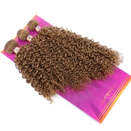 Jerry Curly Synthetic Hair Weave Extensions 16 18 20 Inches 3 Bundles Godlen Color High Temperature Heat Resistant Fiber(27#)