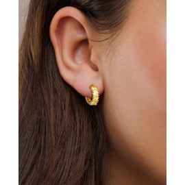 Viromy Golden Earrings Women's 14k Gold Mini Cubic Zirconia Earring Birthday Stone Huggie Hoop Earrings Jewellery for Women, Brass, Zircon