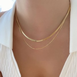 Mauzew 18K Gold Plated Necklaces for Women Layered Flat Herringbone Chain Choker Necklaces Dainty Snake Chain Multi Layering Necklace Set Everyday Jewelry