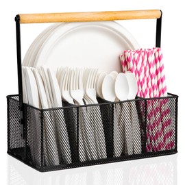 NACIMAX Paper Plate Organizer with Handle, Silverware Caddy Countertop, Paper Plate and Utensil Holder, Cutlery Caddy with 5 Compartments for Party, Camping, Picnic (Black)