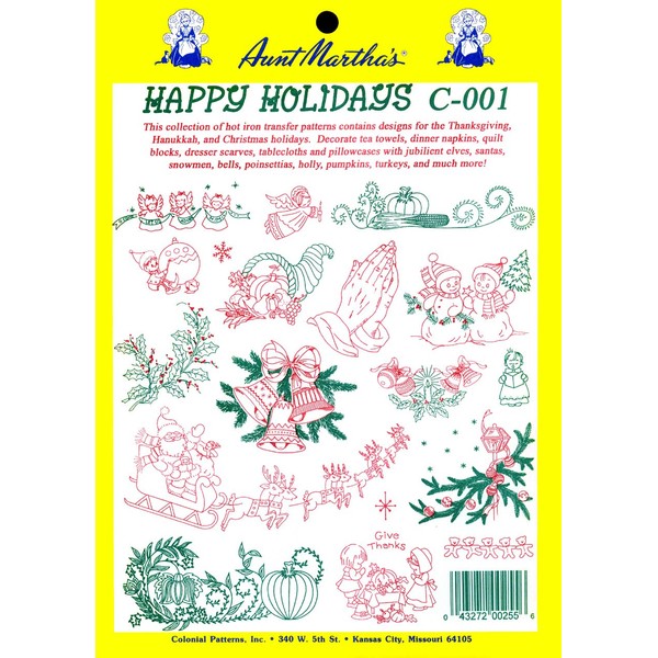 Aunt Martha's Happy Holidays Iron On Transfer Pattern Collection, Thanksgiving and Christmas Motifs
