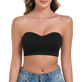 ANGOOL Women's Strapless Bra without Underwire Push Up Bra without Straps Fixed Padded Bandeau Top Women's Seamless with Transparent and Primary Coloured Straps, Black, M