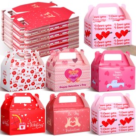 Zhanmai 36 Pack Valentines Day Treat Boxes with Handle Valentine Cookie Gable Boxes Heart Candy Goodie Box Cupcake Bakery Container Bulk for Exchange Party Favor Gift