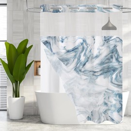 MitoVilla No Hooks Required Blue Shower Curtain Set with Snap-in Liner, Modern Abstract Marble Shower Curtains for Luxury Hotel Grade Spa-Like Bathroom Decor, 72 x 74