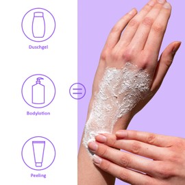 Puremetics 3-in-1 Shower Fluff (250 g), Shower Gel, Peeling and Lotion in One, Vegan & Plastic Free, Nourishing, Skin-Refining & Smoothing, without Microplastic, Sugar Sea Salt Peeling, Zero Waste