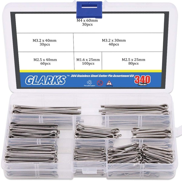 Glarks 340-Pieces 6 Sizes 304 Stainless Steel Cotter Pin Clip Key Fastner Fitting Assortment Kit for Automotive, Mechanics, Car Garage, Power Equipment, Cars, Trucks, Lawn Mower, Small Engine Repair