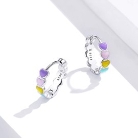 Lorrifal Hypoallergenic 925 Sterling Silver Cute Colourful Rainbow Heart Couples Huggie Round Hoop Earrings Jewellery Gift for Women Girls with Gift Box, Resin