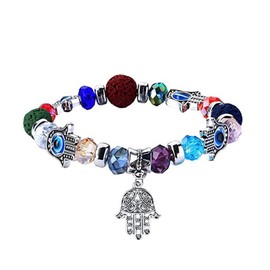 Wendalern Evil Eye Hamsa Bracelet - Crystal Beads Fatima Hand Stretch Sideway Blue Eye Jewellery - Turkish Happiness for Women and Men