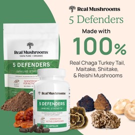 Real Mushrooms 5 Defenders Powder - Organic Mushroom Extract w/Chaga, Shiitake, Maitake, Turkey Tail, & Reishi - Supplement for Brain, Focus, & Immune Support - 45 Servings