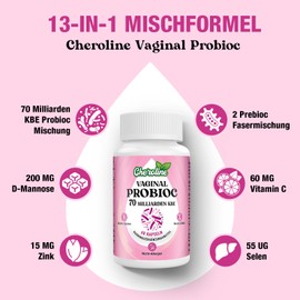 Cheroline Vaginal Probiotics for Women, 70 Billion CFU, 7 Strains with Prebioc Mixture, 13-in-1 Probioc for pH Balance, for Vaginal, Urine and Immune Health, 60 Capsules (60 Pieces (Pack of 4)