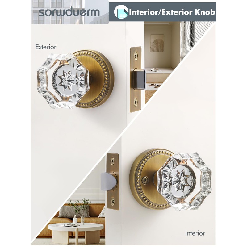 SORWDUERM Antique Brass Door Knobs Crystal Door Knob Passage Door
