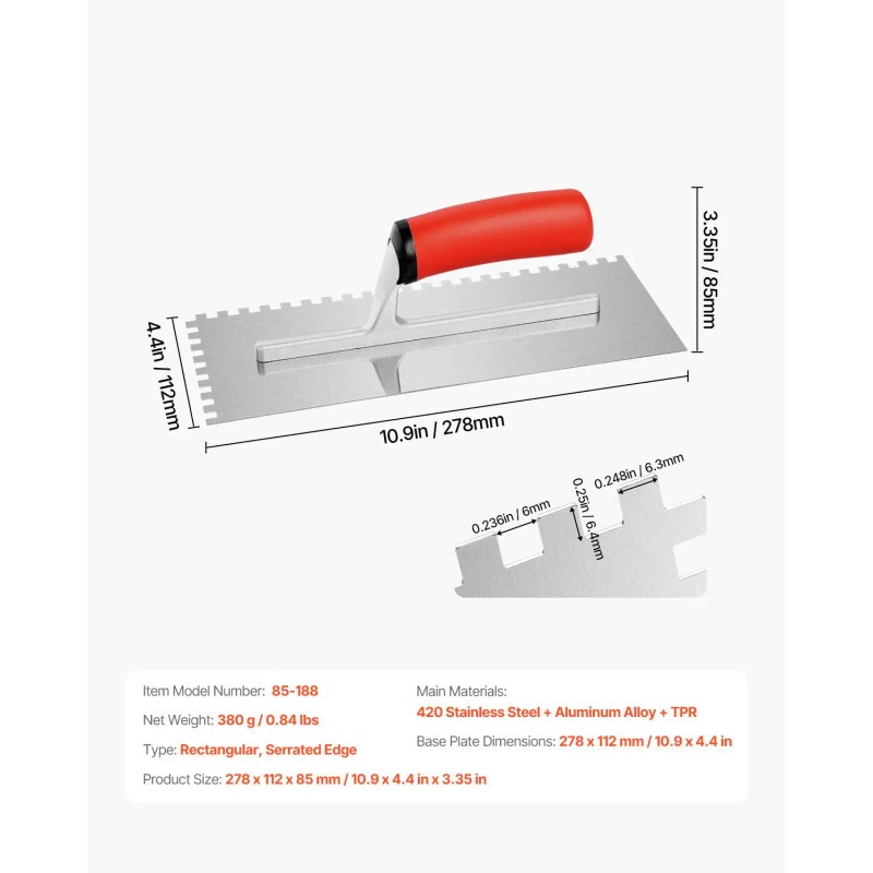 Pro Grade Ergonomic Tile Tools Stainless Steel Squared Notch Flooring