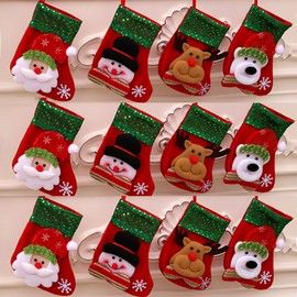 YELAIVP Mini Christmas Stockings, 6.3 inches 12 Packs 3D Plush Santa, Snowman, Reindeer, Bear, Bulk Christmas Stockings Red Xmas Tree Decorations