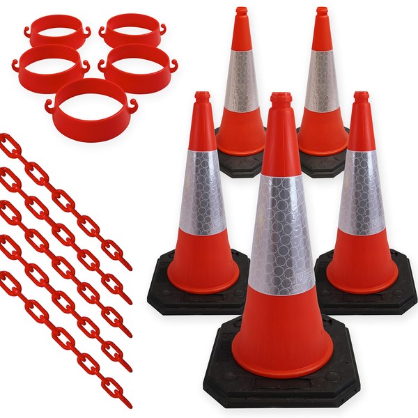 Street Solutions - Cone Chain Barrier Kit, 5 x 750mm Road Cones, 5 x Chain holders, 5 x Chains - Traffic Road Cone - Strong and Durable Cone (Orange)