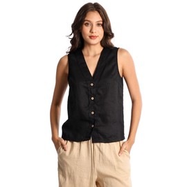 EELOTILE Womens Pure Linen V Neck Sleeveless Button Down Mid Length Casual Vest