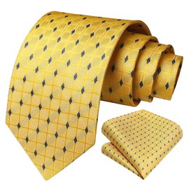 HISDERN Men's Yellow Plaid Tie for Wedding Party Woven Checked Necktie With Pocket Square Set for Prom