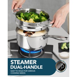 MICHELANGELO 1.5 Quart Saucepan with Steamer, Stainless Steel Saucepan with Lid, Triply Bottom Induction Compatible, Multipurpose Sauce Pot, Dishwasher Safe