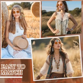 Saier tbo 6 Piece Hippie Costume Set for Women, 60s 70s Bohemian Clothing with Boho Crochet Vest Feather Headdress Sunglasses Necklace Earring Bracelet for Carnival Festival Party Cosplay