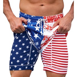 Mainfini Men's Stripes and Stars Swimsuit Inappropriate 4th of July Beach Short with Liner 6" Freedom USA Swimwear S