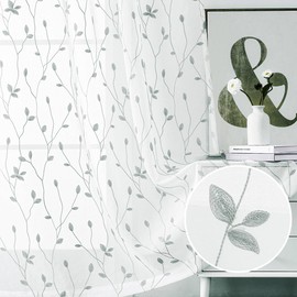 WUBODTI Grey Leaf Embroidered Sheer Curtain 84 Inches Long 2 Panels Set for Living Room, Rod Pocket Gray and White Light Filtering Faux Linen Leaves Patterned Curtains for Bedroom Dining Room