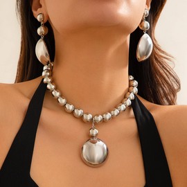 Chunky Gold Silver Necklace Earrings Set for Women, Exaggerated Big Ball Pendant Bead Choker Necklace Earrings Punk Geometric Irregular Pendant Choker Earrings Set Trendy Fashion Holiday Party Statement Jewelry Set (Silver A)