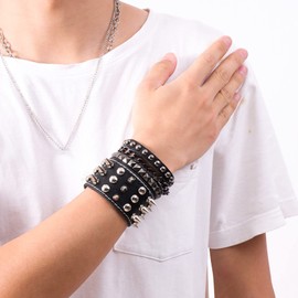 JJDreams Punk Leather Bracelet Black Gothic Bangle with Chain Rock Bracelet Set Biker Bracelet for Women, The products are part of the product, No Gemstone