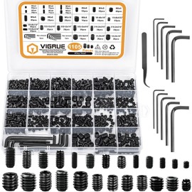 VIGRUE 1105PCS 25 Sizes Metric & SAE Set Screw Assortment Kit Internal Hex Drive Allen Grub Screws Set Cup-Point Alloy Steel, M3 to M8 and 1/8-40 to 5/16-18