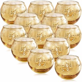 Timotech Juego de 12 Portavelas de Cristal Transparente para Votivas y Velas Tealight,Decoración Elegante para Mesa, Bodas, Fiestas, Eventos y Centros de Mesa (Dorado)