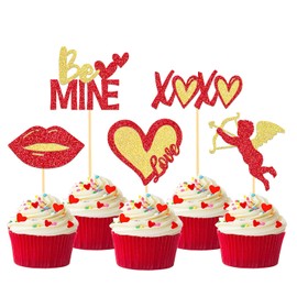 24Pcs Valentine's Day Cupcake Toppers for Valentine's Day Decorations,Be Mine Love Heart Valentine's Day Cupcake Picks for Sweet Love Theme Party Decorations (Mix Gold)